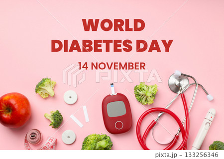 Arrangement of diabetes awareness items and healthy foods 133256346