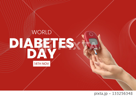 Hands with a red glucose monitor on red background Hands with a red glucose monitor on red background 133256348