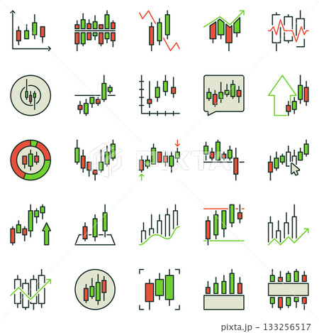 Trading Candlestick Chart colored icons set. Technical Analysis or Investment Graph vector symbols 133256517