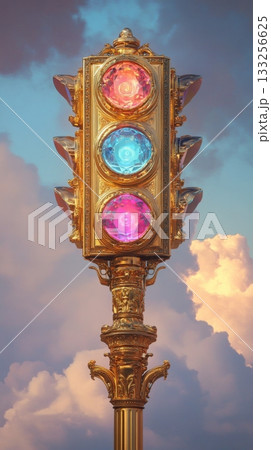 Ornate golden traffic light with gemstone lights against a dramatic sky, surreal art concept 133256625