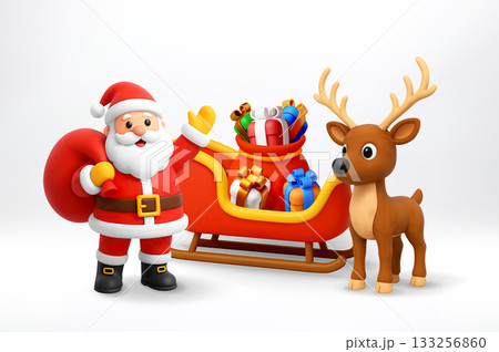 3d Santa Claus waving next to reindeer with sleigh 3d Santa Claus waving next to reindeer with sleigh 133256860