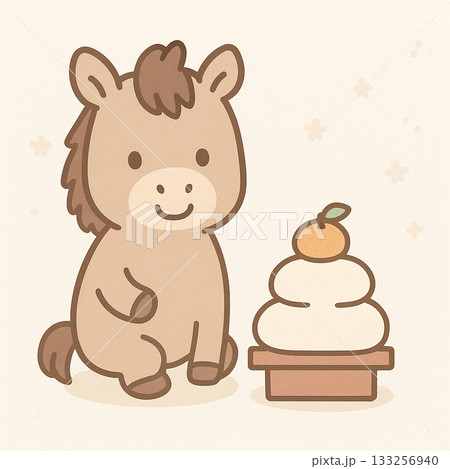 座布団に座ってお菓子を食べるうまさん 133256940