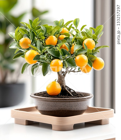 A thriving miniature citrus tree with lush green leaves and an abundant harvest of juicy vibrant orange fruits in a decorative wooden container 133257297