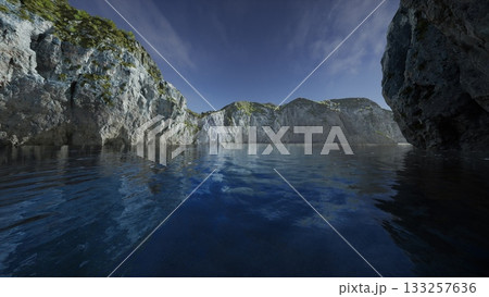 A serene view of tranquil waters surrounded by dramatic cliffs, softly illuminated by the warm glow of the setting sun. Natures beauty creates a peaceful escape. A serene view of tranquil waters surrounded by dramatic cliffs, softly illuminated by the warm glow of the setting sun. Natures beauty creates a peaceful escape. 133257636