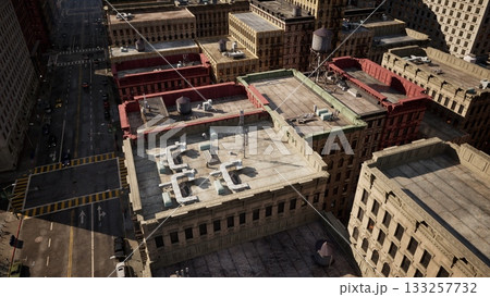 Aerial view captures a bustling cityscape with intricate rooftops and various building styles under a clear blue sky, highlighting the urban vibe and architectural diversity. Aerial view captures a bustling cityscape with intricate rooftops and various building styles under a clear blue sky, highlighting the urban vibe and architectural diversity. 133257732