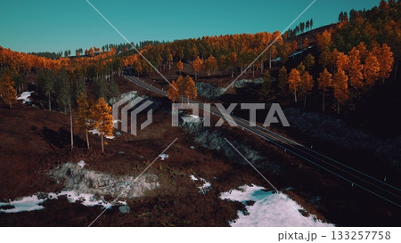 Scenic view showcases a winding road through a forest of bright orange trees. Snow patches remain as a reminder of winter, creating a stunning contrast with the fall foliage. Scenic view showcases a winding road through a forest of bright orange trees. Snow patches remain as a reminder of winter, creating a stunning contrast with the fall foliage. 133257758