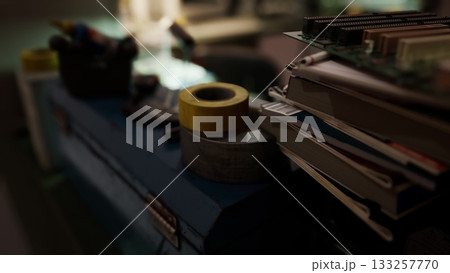 A cluttered workspace filled with various tools, books, and rolls of tape illuminated by warm golden light. The atmosphere reflects creativity and inspiration, ideal for crafting projects. A cluttered workspace filled with various tools, books, and rolls of tape illuminated by warm golden light. The atmosphere reflects creativity and inspiration, ideal for crafting projects. 133257770