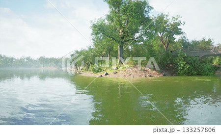 Sunlight filters through lush green trees by a peaceful riverbank. Gentle ripples dance on the waters surface, inviting serenity. 133257806