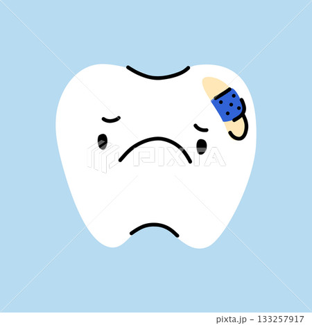 A sad, sick tooth with eyes and a bandage on his head, the tooth character is upset because of pain A sad, sick tooth with eyes and a bandage on his head, the tooth character is upset because of pain 133257917