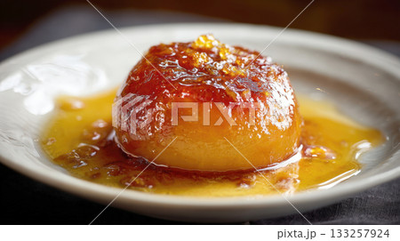warm, caramelized baked or poached apple dessert. The whole apple is coated in a thick, golden-amber syrup and served on a white plate, highlighting its rich color, texture, appetizing 133257924