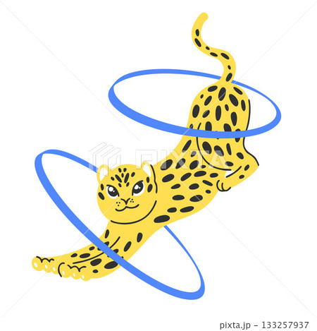 Yellow spotted leopard acrobat jumping through two blue rings, colorful cartoon character 133257937