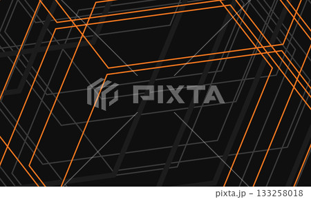 Black abstract modern background with gray and orange geometric lines and outlines. 133258018