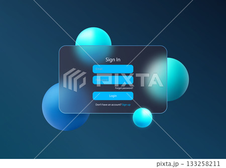 Futuristic UI login screen with glowing neon blue input fields and floating cyan-blue 3D spheres on a glass panel Futuristic UI login screen with glowing neon blue input fields and floating cyan-blue 3D spheres on a glass panel 133258211