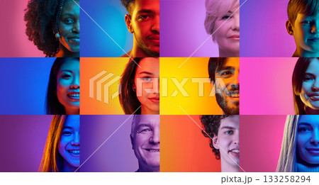 Colorful neon portraits highlighting diverse expressions Colorful neon portraits highlighting diverse expressions 133258294