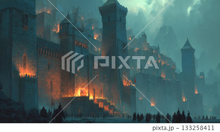 Epic Siege Warfare Digital Painting: Massive Fortress Walls and Medieval City Under Gloomy Sky, Illuminated by Flames and Torches, Guarded by Countless Soldiers Epic Siege Warfare Digital Painting: Massive Fortress Walls and Medieval City Under Gloomy Sky, Illuminated by Flames and Torches, Guarded by Countless Soldiers 133258411