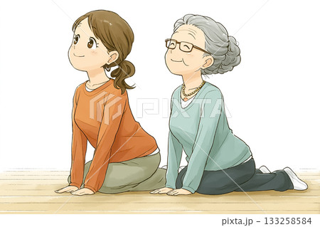 美優シリーズ：ペアヨガ 美優がシニアと一緒に横向きストレッチ 133258584