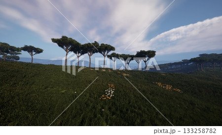 Rolling hills are adorned with vibrant green grass and colorful wildflowers, while tall trees stand proudly against a brilliant blue sky, creating a serene and picturesque scene. Rolling hills are adorned with vibrant green grass and colorful wildflowers, while tall trees stand proudly against a brilliant blue sky, creating a serene and picturesque scene. 133258782