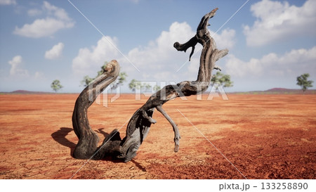 A gnarled tree branch rises from cracked earth in a vast arid land. The scene is set under a bright blue sky with white clouds, hinting at a harsh yet beautiful environment. 133258890
