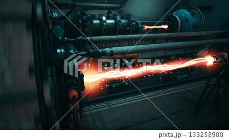 Bright energy streams are emitted from complex machinery in a futuristic industrial space. The scene showcases advanced technology at work, highlighting the power of innovation in action. Bright energy streams are emitted from complex machinery in a futuristic industrial space. The scene showcases advanced technology at work, highlighting the power of innovation in action. 133258900