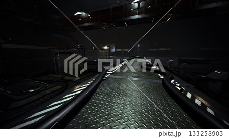 Dimly lit area features metallic surfaces and tangled wires, creating an eerie atmosphere. The reflections on the floor highlight the industrial design and add mystery to the scene. 133258903