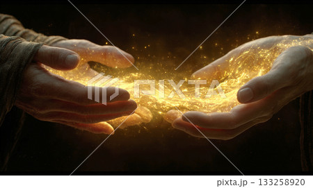 stunning, magical close-up of two hands gently holding intense, luminous golden energy that flows like liquid light, evoking themes of spirituality, healing, transfer of power, magic, ethereal fantasy 133258920