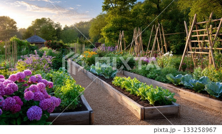 Lush vegetable garden at sunrise with vibrant flowers and wooden trellises. Lush vegetable garden at sunrise with vibrant flowers and wooden trellises. 133258967