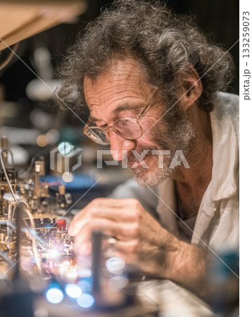 experienced craftsman or engineer with glasses intently working on an intricate mechanical device in a dimly lit workshop. Focus on precision, expertise, skilled repair of complex mechanisms experienced craftsman or engineer with glasses intently working on an intricate mechanical device in a dimly lit workshop. Focus on precision, expertise, skilled repair of complex mechanisms 133259073