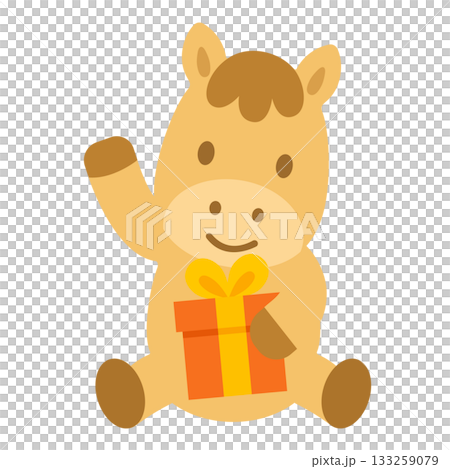 プレゼントを抱いて手を振るかわいい馬のミニマルフラットなイラスト素材 133259079