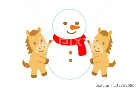 雪だるまを作って楽しむかわいい馬の冬のフラットデザインイラスト 133259080