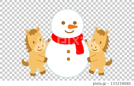 Winter flat design illustration of a cute horse having fun making a snowman 133259080