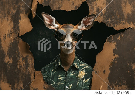 Stylish Deer Wearing Sunglasses and Tropical Shirt Poking Through a Broken Wall 133259596