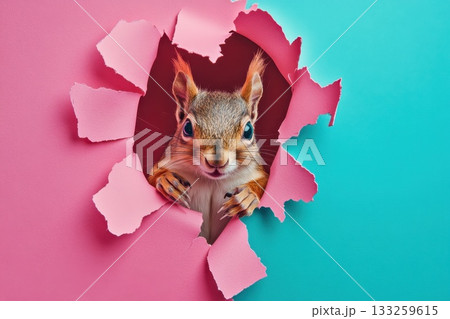 Playful Squirrel Emerging Through Colorful Torn Paper in Vibrant Pink and Teal Background 133259615