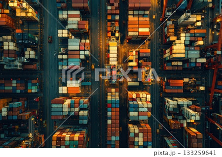 Aerial View of Shipping Containers in Busy Freight Yard During Evening Light Conditions 133259641