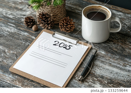 Cozy Workspace Setup with Coffee Mug, Yearly Planner, Pinecones, and Decorative Plant for 2025 133259644