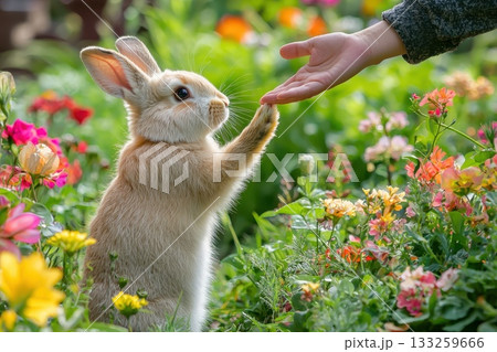 A rabbit is standing in a field of flowers and is being petted by a person 133259666