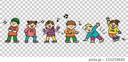 Colorful hand drawn illustration set of kids having fun dancing 133259688