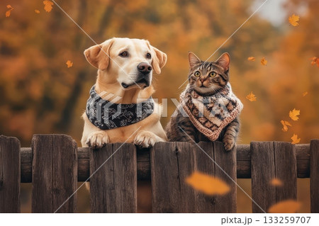 Dog and Cat Sitting on Wooden Fence Surrounded by Autumn Leaves in Soft Warm Light Dog and Cat Sitting on Wooden Fence Surrounded by Autumn Leaves in Soft Warm Light 133259707