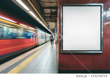 Blank Advertisement Space at Subway Station with Train Motion Blur on Platform Side 133259724