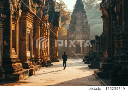 Serene Morning Light Illuminates Ancient Temple Pathway in Cambodia Historical Ruins 133259749