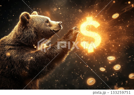 Bear Holding Dollar Symbol with Sparkles and Coins in a Financial Concept Illustration 133259751