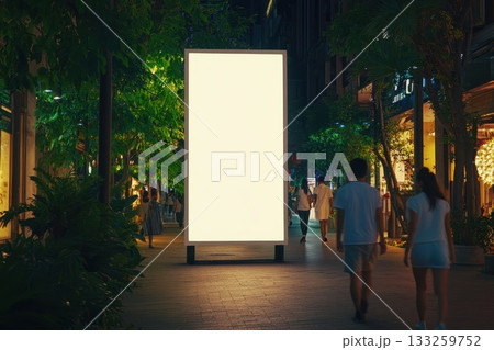 Urban Night Scene with Blank Advertising Panel Surrounded by Lush Greenery and People Walking Urban Night Scene with Blank Advertising Panel Surrounded by Lush Greenery and People Walking 133259752