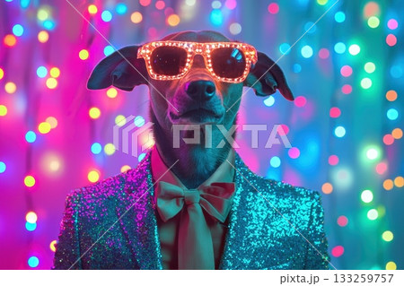 Stylish Dog Wearing Bright Sunglasses and Shiny Suit Against Colorful Blurred Background Stylish Dog Wearing Bright Sunglasses and Shiny Suit Against Colorful Blurred Background 133259757