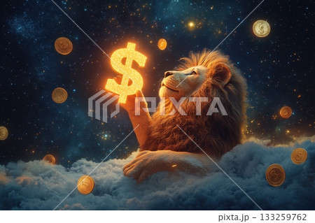 Majestic Lion Holding Glowing Dollar Sign Surrounded by Coins in Dreamy Cloudy Night Sky 133259762