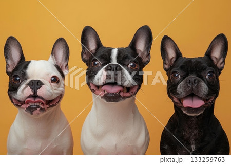 Playful French Bulldogs with Cheerful Expressions on Bright Yellow Background 133259763