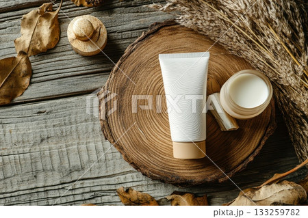 Natural skincare products on wooden surface with dried leaves and decorative elements Natural skincare products on wooden surface with dried leaves and decorative elements 133259782