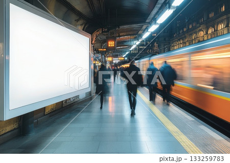 Urban subway platform with motion blur, empty advertising space on digital screen at train station 133259783
