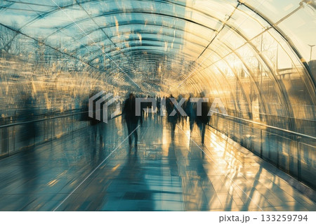 People Walking in a Modern Glass Tunnel with Blurry Motion Effect at Sunset Illumination People Walking in a Modern Glass Tunnel with Blurry Motion Effect at Sunset Illumination 133259794