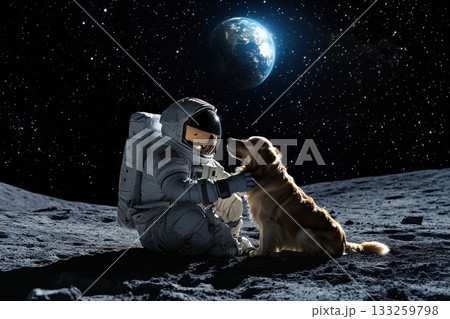 Astronaut and Golden Retriever Dog Together on the Moon with Earth Visible in Background Astronaut and Golden Retriever Dog Together on the Moon with Earth Visible in Background 133259798