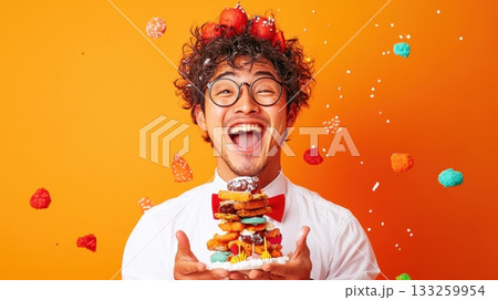 Delightful dessert display with a cheerful man in a festive setting surrounded by colorful candy and pastries at a fun celebration 133259954