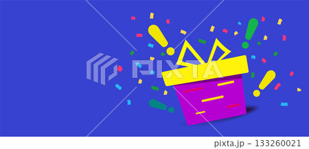 Enter to win prizes. vertical banner. red gift box on blue background and exclamation marks. Fireworks or confetti around. Cartoon origami style vector illustration. Enter to win prizes. vertical banner. red gift box on blue background and exclamation marks. Fireworks or confetti around. Cartoon origami style vector illustration. 133260021